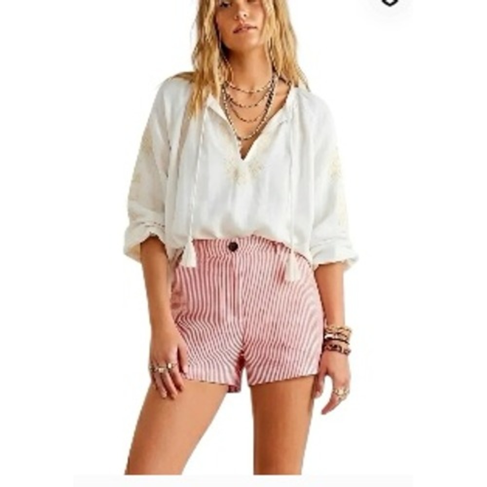 J.Crew Womens Harbor XS Red White Striped 100% Linen Shorts Elastic Back Summer